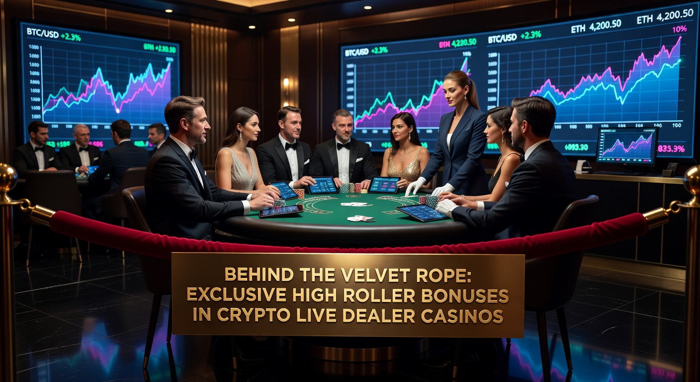 Glamorous high roller at a crypto live dealer table, velvet rope in foreground with cryptocurrency symbols glowing