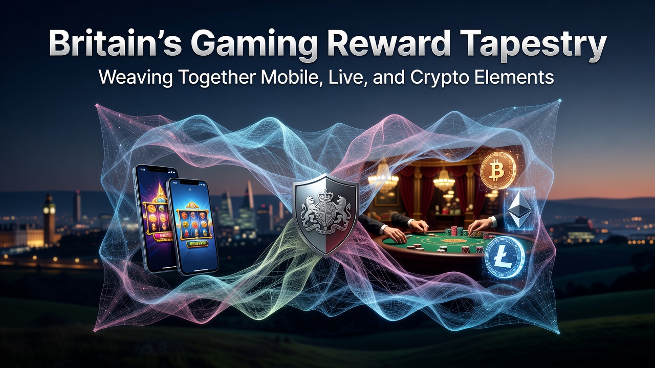 Visual representation of interconnected mobile, live dealer, and crypto gaming reward systems in Britain