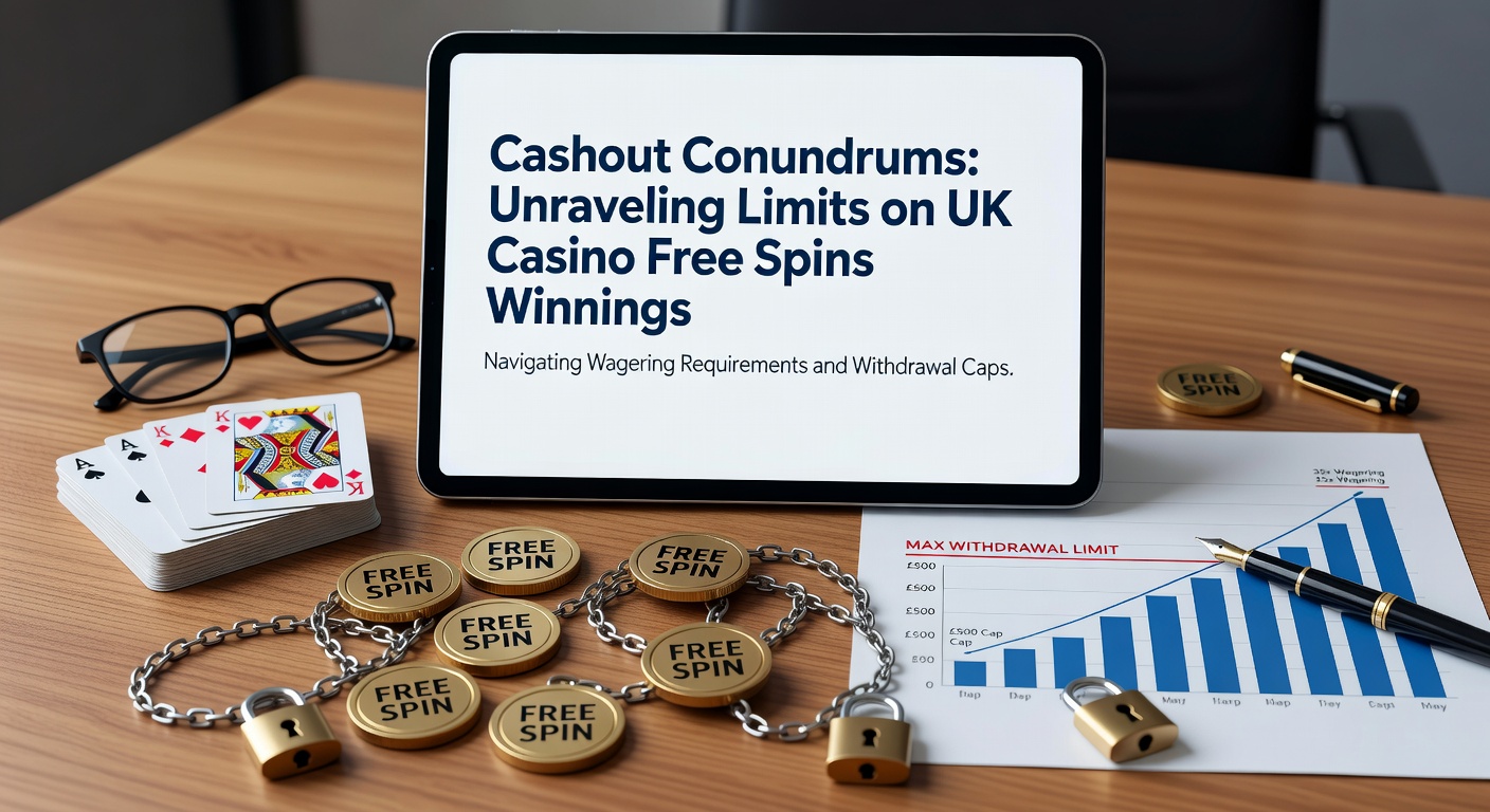 Close-up of casino terms and conditions document zoomed on cashout limit clause, with slot reels and pound symbols in the background