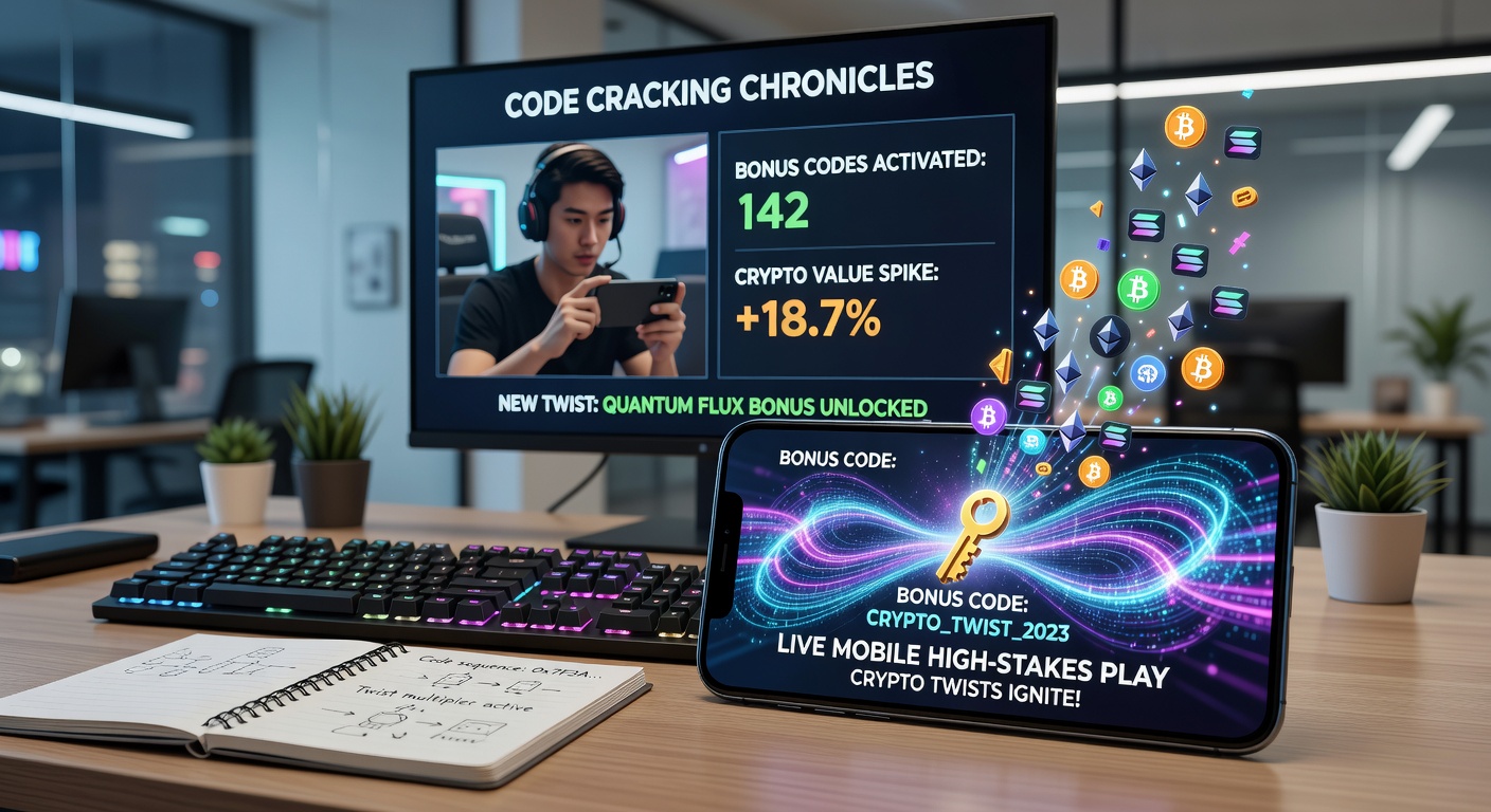 Vibrant digital display of crypto symbols intertwining with live dealer cards and mobile screens in a high-stakes casino environment