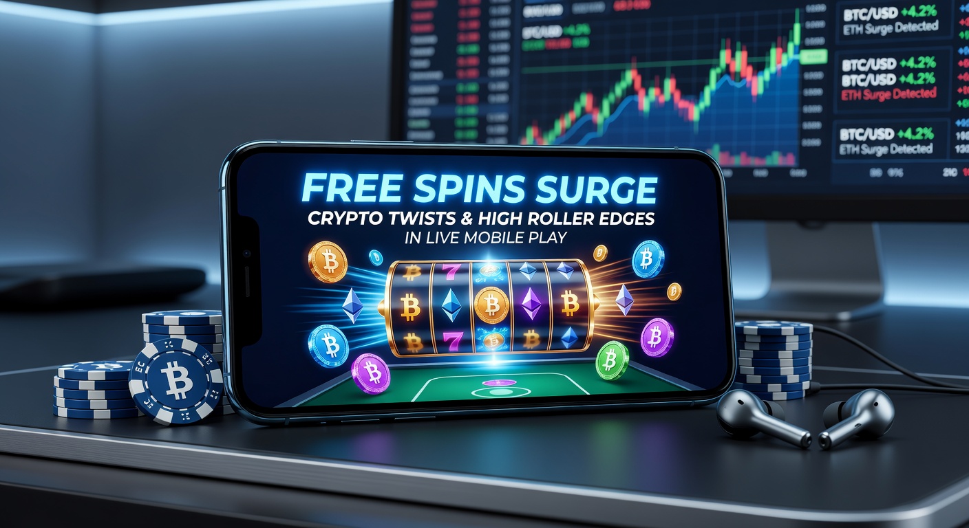 Vibrant mobile screen showing cascading free spins in a crypto casino game with live dealer elements and high-stakes chip stacks