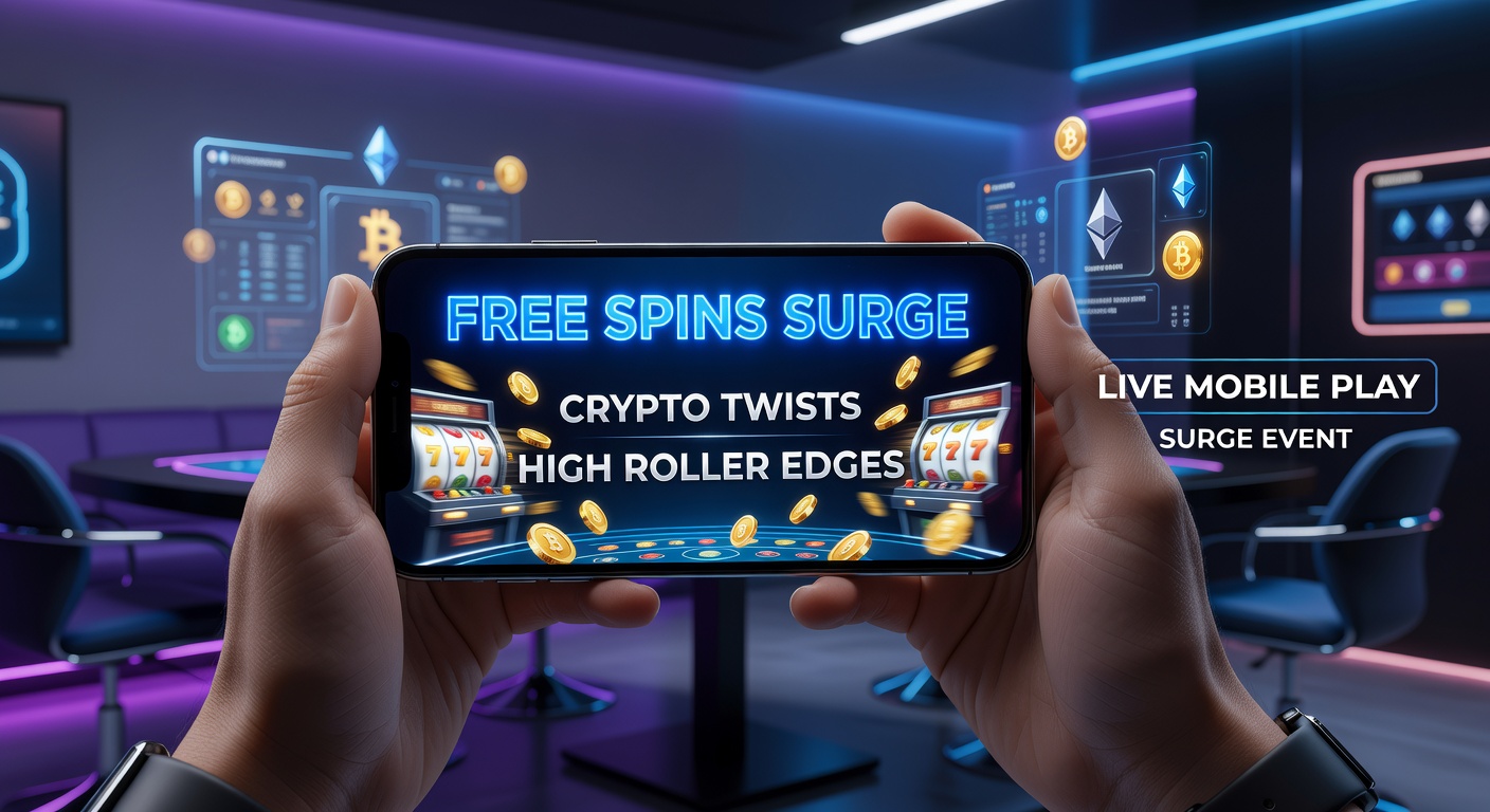 Dynamic scene of cryptocurrency icons merging with live roulette wheel on a smartphone, highlighting high-roller bets and free spin notifications