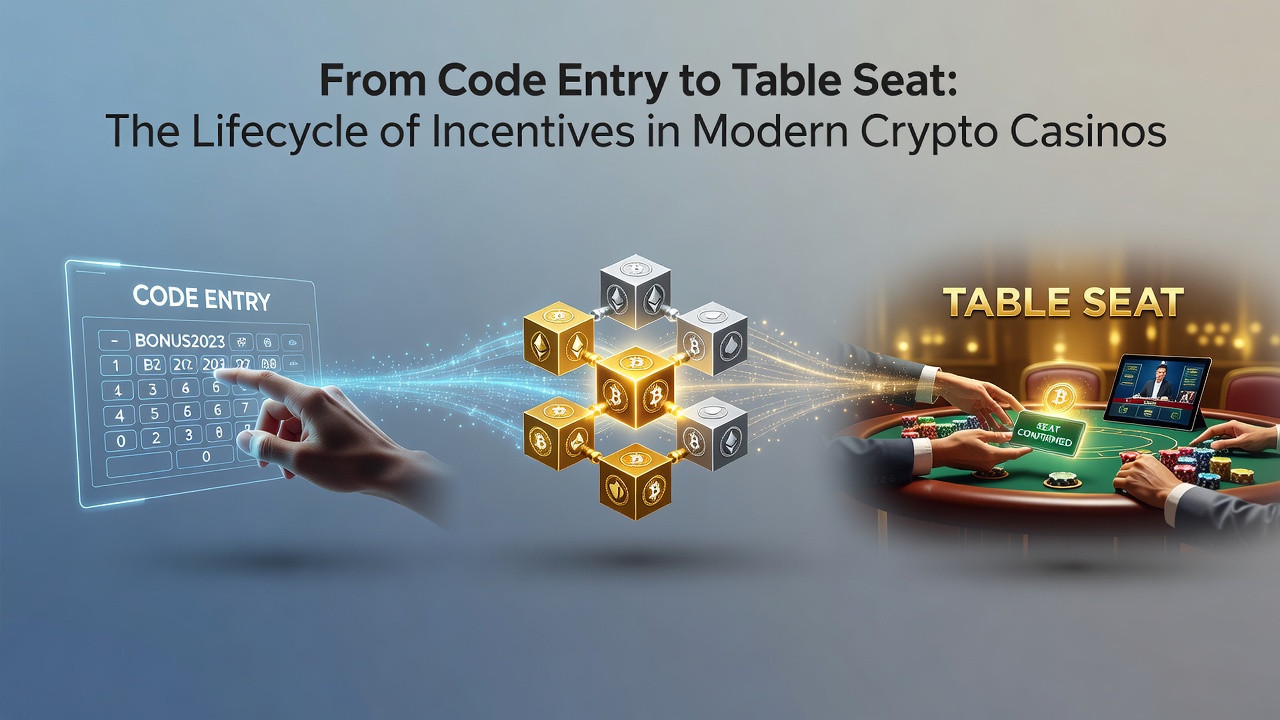 Illustration showing the progression from bonus code entry to seated play in crypto casino environments