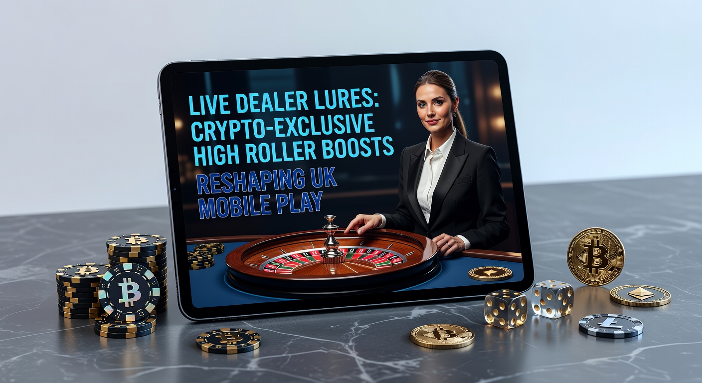 Dynamic live dealer blackjack table on a mobile screen, featuring cryptocurrency icons and high-stakes chips glowing under studio lights