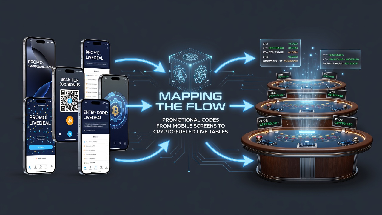 Mobile screen displaying promotional code entry interface connected to crypto wallet and live dealer table