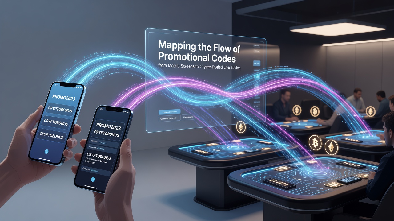 Crypto transaction flow from mobile promo code to live dealer table interface