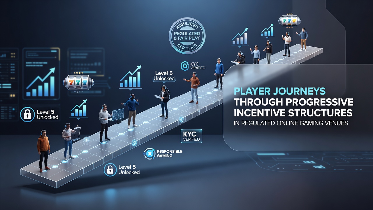 Illustration of a digital player journey map showing progressive reward tiers in an online casino interface