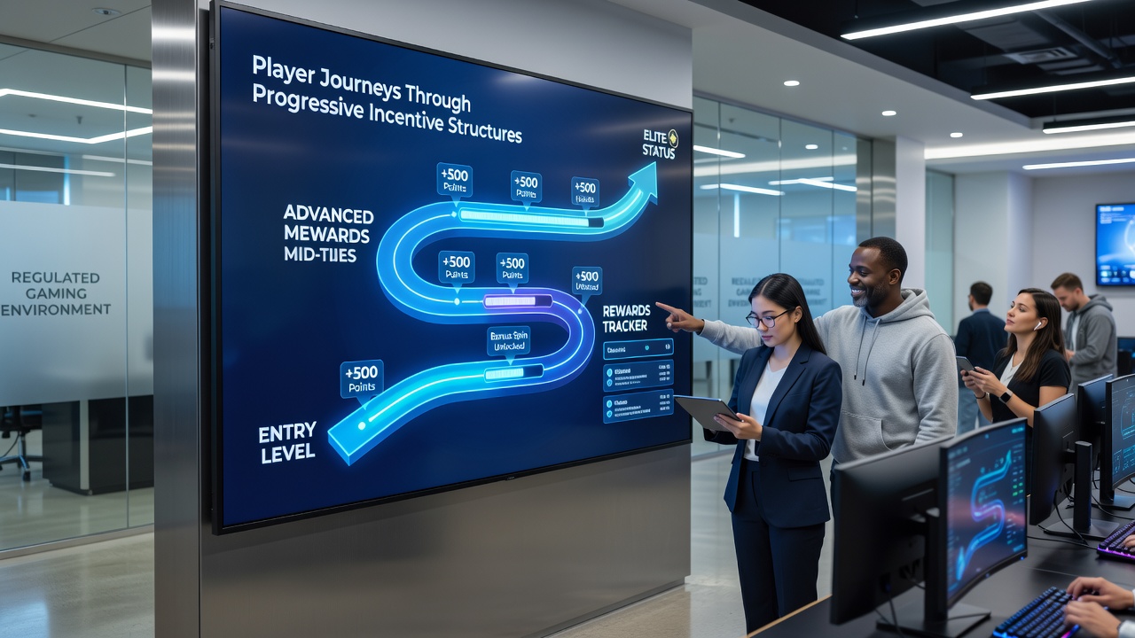 Screenshot-style view of a loyalty dashboard displaying tier progress, points balance, and upcoming benefits in a regulated gaming app