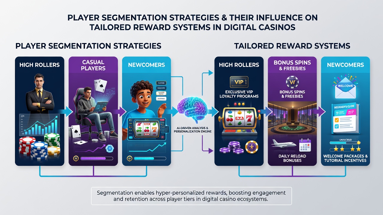 Casino reward system visualization with segmented player groups receiving personalized bonuses