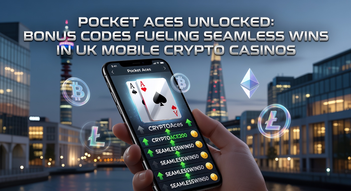 Vibrant mobile screen displaying pocket aces in a crypto casino game, with bonus code overlay and winning chips cascading
