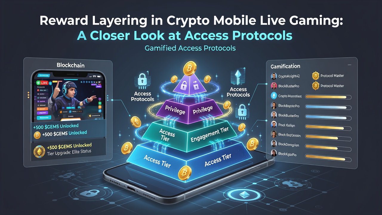 Diagram depicting access protocol flows between mobile devices, blockchain nodes, and live gaming servers in reward layered systems