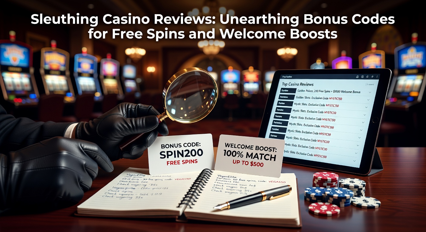 Casino review interface showing bonus code entry fields and promotional banners for free spins