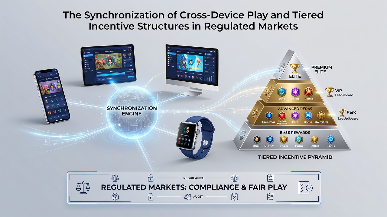 Cross-device gaming interface showing synchronized progress across mobile tablet and desktop screens with tiered reward indicators