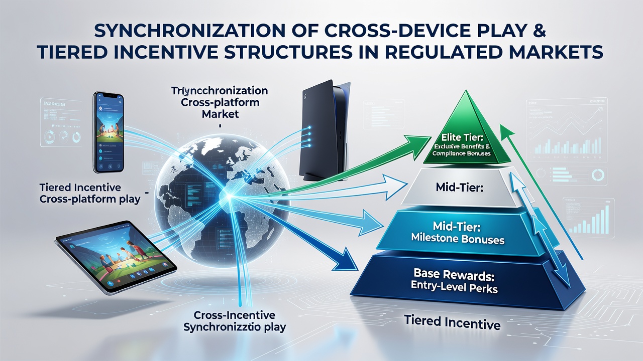 Illustration of tiered loyalty levels with icons representing mobile desktop and tablet synchronization in a regulated gaming environment
