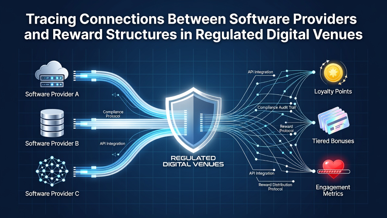 Illustration showing software provider logos connected to digital reward icons in a regulated online casino interface