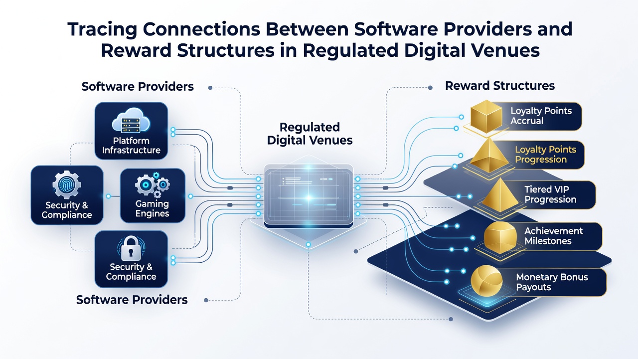 Diagram depicting data flows between gaming software providers and casino reward management systems