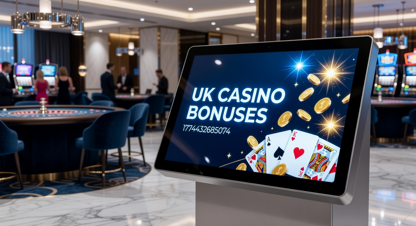 Vibrant display of UK casino bonus offers on a digital screen, highlighting free spins and welcome packages