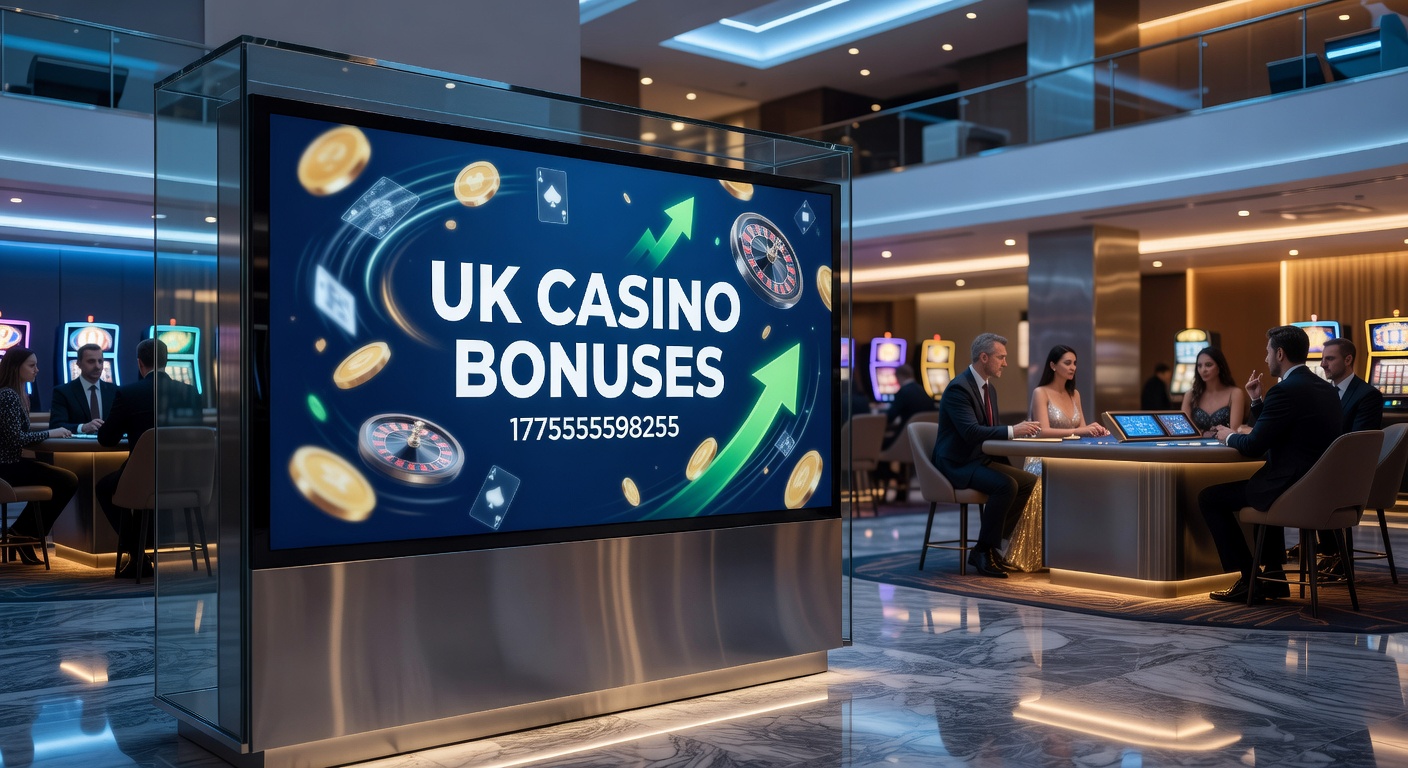 Vibrant display of UK casino bonus offers on a digital screen, highlighting welcome packages and free spins promotions